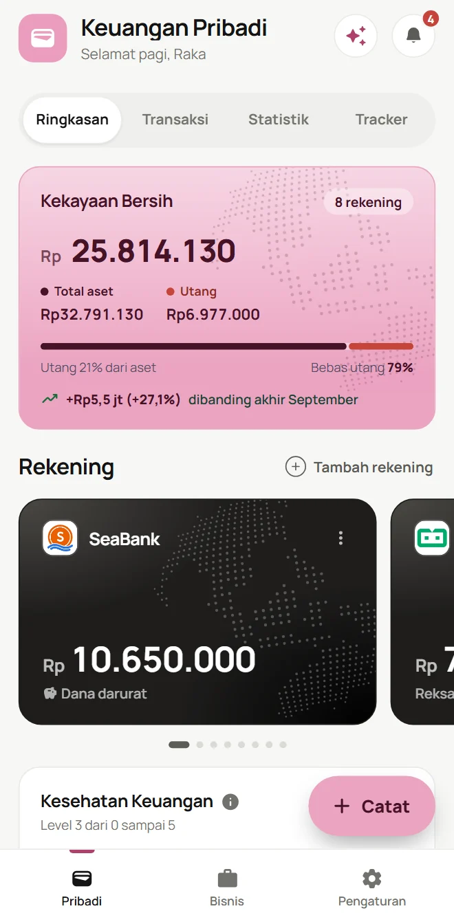 Layar Ringkasan Keuangan Pribadi di CashFlowOS dengan warna merah muda, tema terang. Data contoh.